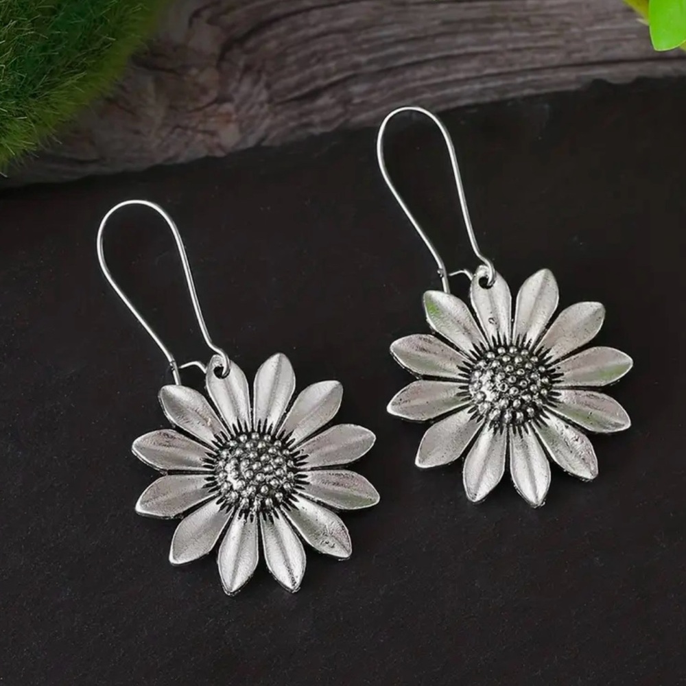 Sunflower Silver Fishhook Dangle Earrings - Picture 4 of 4